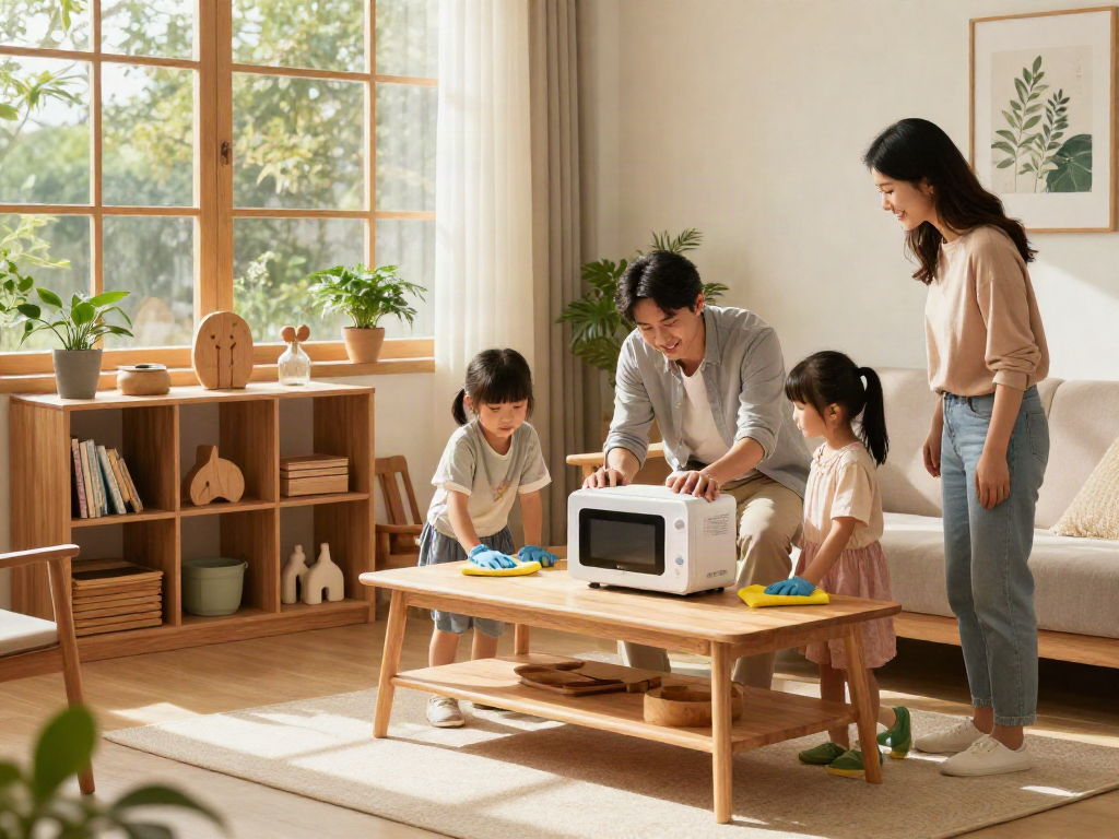 Traitement écologique du bois avec Shashel® dans un salon familial, soulignant l'innovation durable.